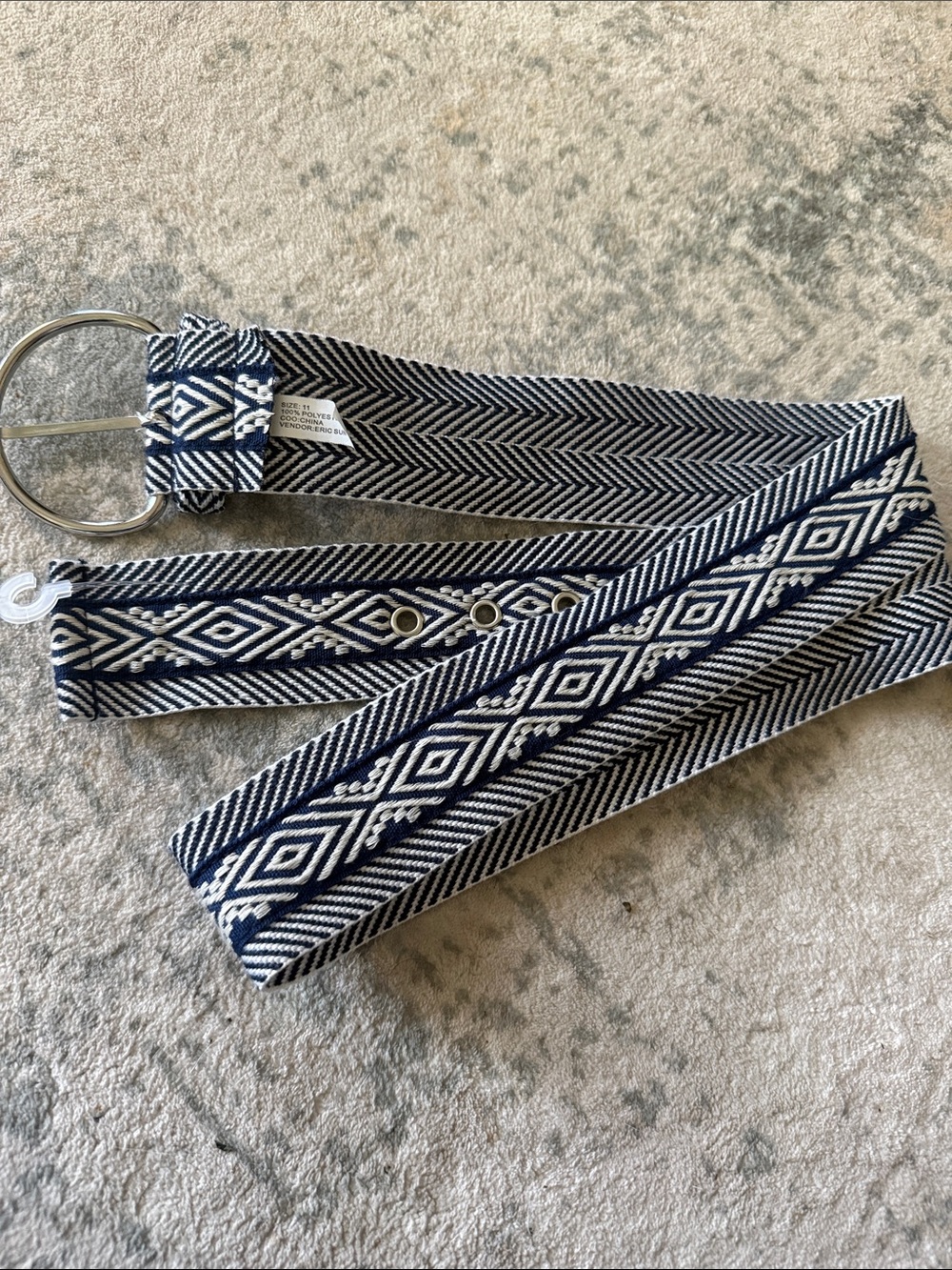 Eric Sun Woven Navy and White Geometric Belt, Size 11